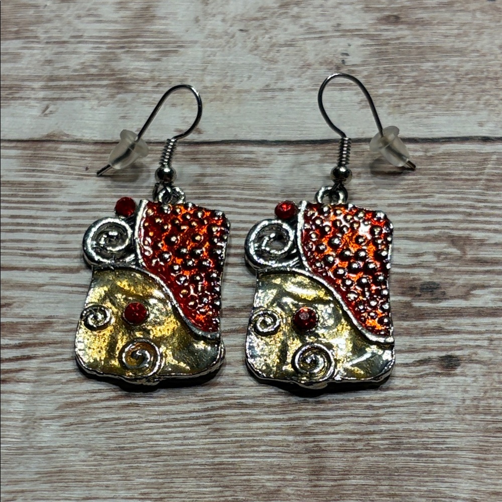 Artistic Silver Gold Red Geometric Dangle Earrings